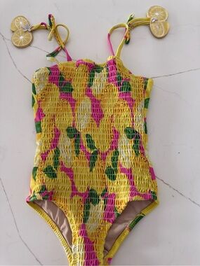 Shadecritters Lemon Yellow & Pink Smocked One-Piece Swimsuit 3T